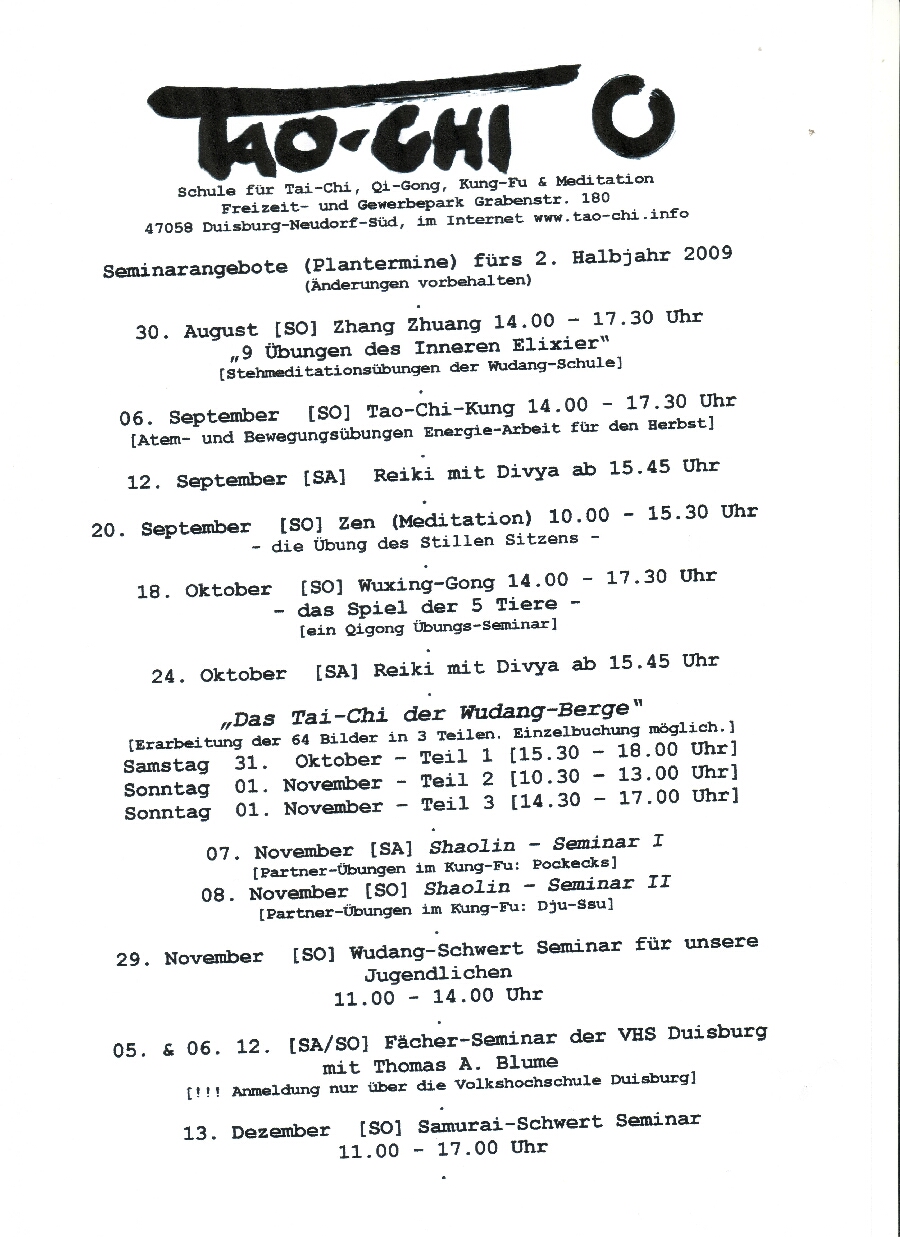 Seminarplan des Tao-Chi Duisburg f�r das 2. Halbjahr 2009