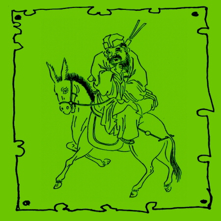 Tao-Unsterblicher Chang Kuo Lao auf dem Esel  mit der Bambustrommel. 